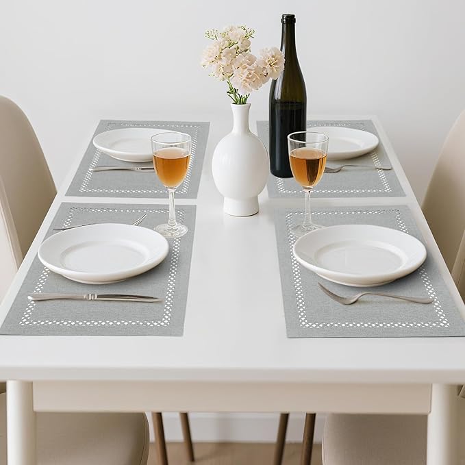 Linen Cloth Placemats Set of 4, HADEEONG 12 x 18 Inch Hollow Edge Place Mats Washable Heat Resistant Placemats Cloth Table Mats for Dining Table Home Decor (Light Grey, 4)