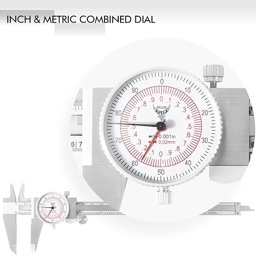PECtools 8 Inch Dial Caliper, DIN 862 Inch/Metric Double Dial Caliper, 0-200mm, 0.001"/0.02mm Resolution, Stainless Steel, Shock Resistant, with Case