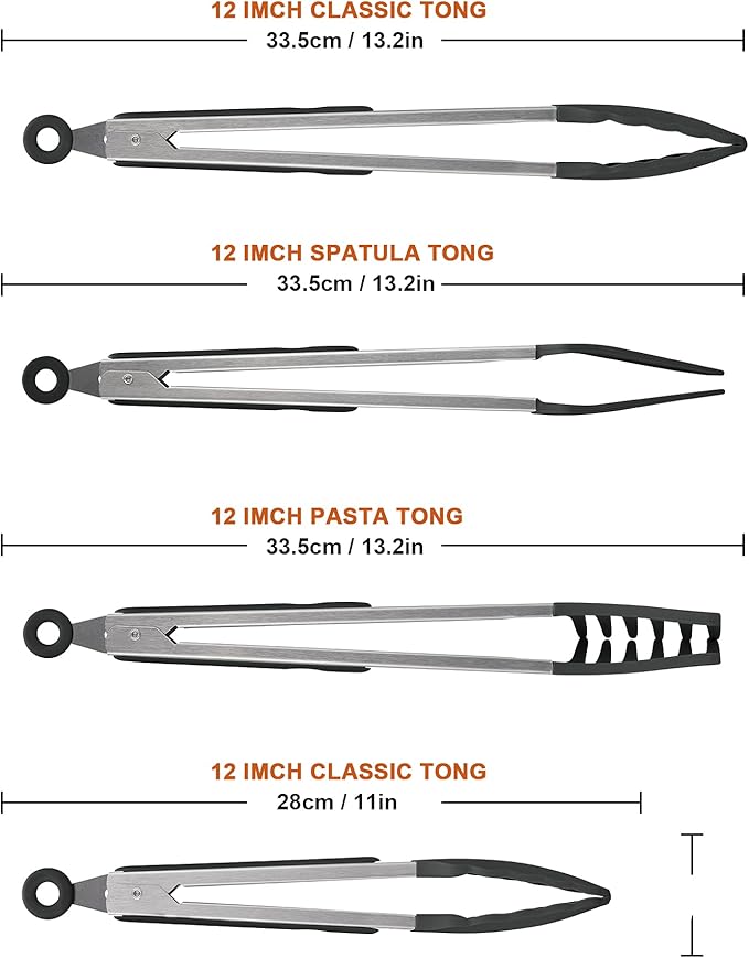 4in1 Stainless Steel Kitchen Food Tongs Set for Cooking with Silicone Tips, Toaster Steak Pie Pizza Pasta Spaghetti Noodles Salad Fruit Vegetable Grill BBQ Buffet Clamp Serving Tools Gadgets