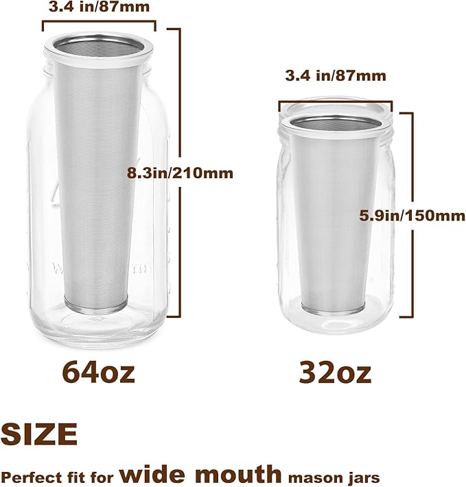 Cold Brew Coffee Filter for 32 OZ Wide Mouth Mason Jar, 304 Stainless Steel Strainer with Seal Ring for Iced Drinks, Sun Tea Infuser and Cold Brew Coffee Maker