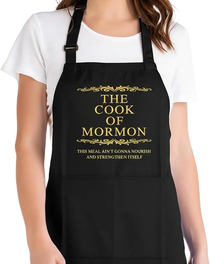 Cook of Mormon LDS Apron – Waterproof, Adjustable Neck Strap, Large Pocket, Funny Kitchen Apron for BBQ or Home Use