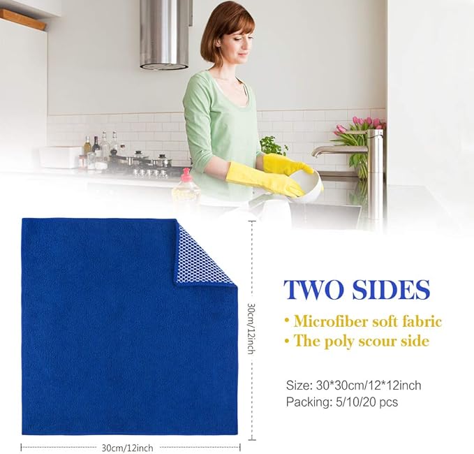 SINLAND Microfiber Dish Cloth for Washing Dishes Best Kitchen Washcloth Dish Rags Cleaning Cloths Poly Scour Side Color Assorted 12inchx12inch (Bluex4+whitex4+greyx4+brownx4+blackx4)