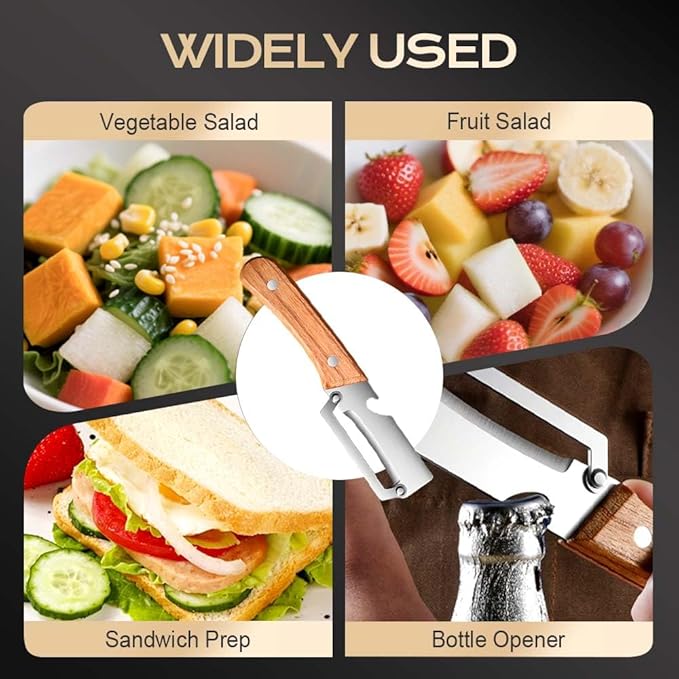 2 Packs Multi-Functional Vegetable Peeler for Kitchen, 2 in 1 Fruit Peeler and Bottle Opener, Stainless Steel Curved Blade Fruit & Vegetable Peeler for Potato Pumpkin Papaya Zucchini (Wood)