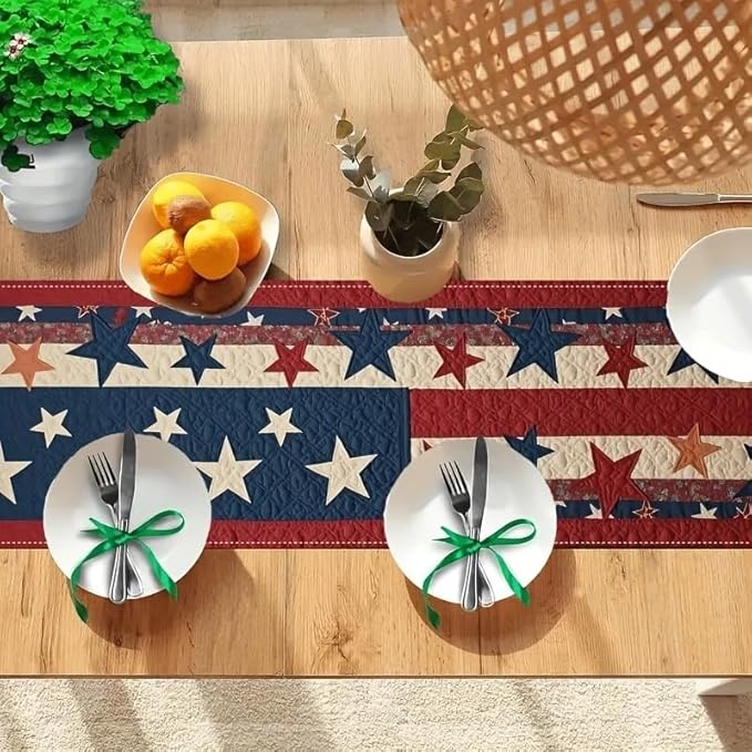 Independence Day Table Runner Red Patriotic 13x108 Inch , Flax 4th of July Table Decoration ,Red White and Blue Table Runners for Holiday Decor Dinging ,Party ,Kitchen