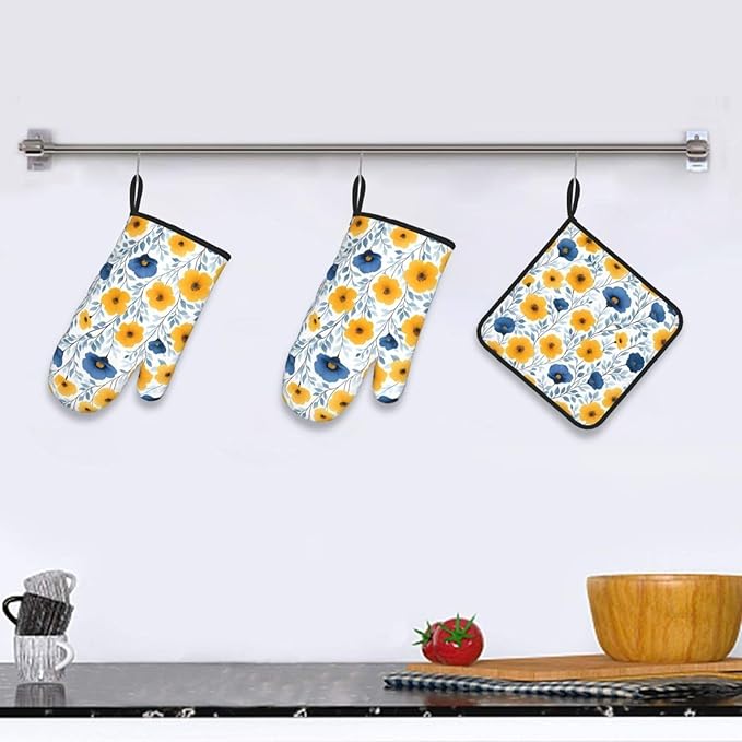 Yellow Blue Floral Oven Mitts & Pot Holders Sets of 3, Boho Blue and Yellow Flowers Heat Resistant Kitchen Hot Pads and Mitts for Cooking Baking Grilling, Gift for Floral - Loving Women, Home Decor