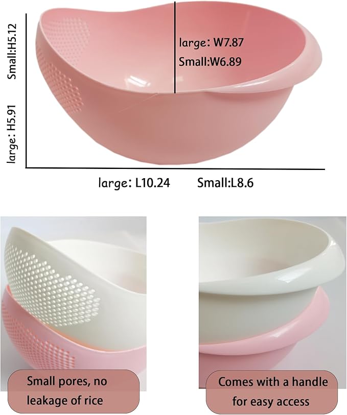 2-in-1 Rice Colander, Vegetable and Fruit Cleaning Filter Basket, 2Piece Sturdy and Easy-To-Use Food Grade Kitchen Tool Accessories (Pink, large+small)