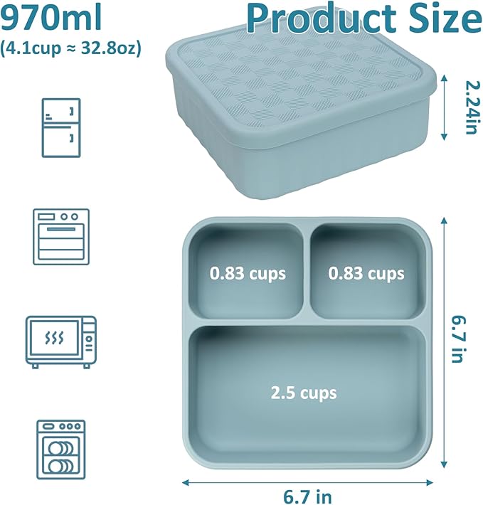 Silicone Bento Box Adult Lunch Container, 3 Compartment Container, Food Grade Silicone Bento Lunch Box for Work Travel Meal Prep, Leak-proof Food Storage Container（1 Pack Nile Blue）