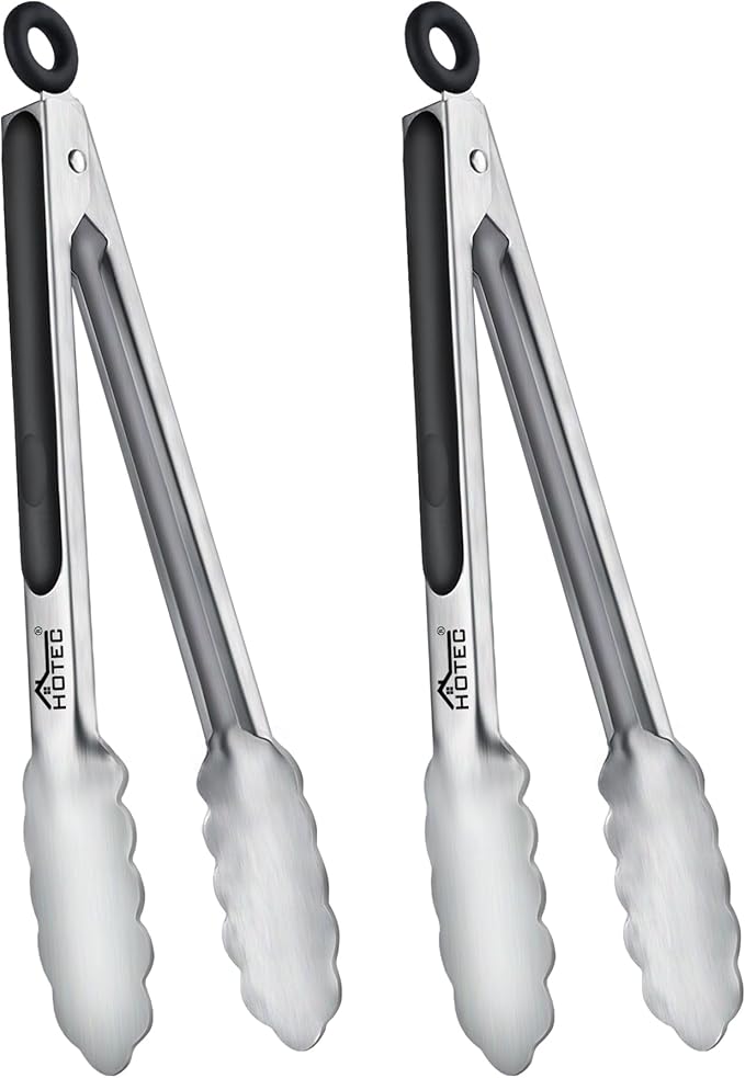 Hotec Stainless Steel Kitchen Tongs, Set of 2-9", Locking Metal Food Tongs for Cooking, Serving, BBQ, Grill Non-Slip Grip