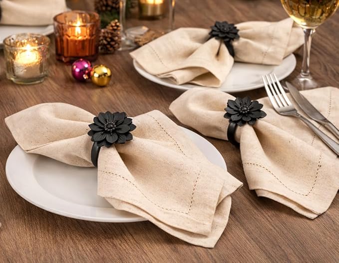 Linen Flax Cotton Cloth Dinner Napkins Set of 24-18x18 Natural Fabric with Hemstitched Mitered Corners - Machine Washable Wedding, Cocktail & Party Table Napkins - Natural