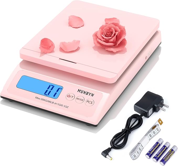 MUNBYN Shipping Scale, Accurate 66lb/0.1oz Postal Scale with Sweet Pink Style, Hold/Tear/PCS Function, Auto-Off, Battery & AC Adapter, Back-Lit LCD Display, Digital Scale for Packages and Food Pink