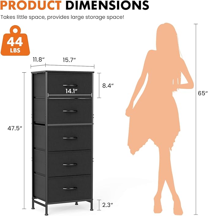 Sweetcrispy 5 Drawer Dresser with Fabric Bins, Sturdy Steel Frame and Wood Top, Storage Organizer Chest for Bedroom, Closet, Hallway, Black
