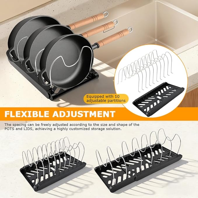 Pots and Pans Organizer for under Cabinet, Expandable Pot Lid Holder with 10 Adjustable Compartment, Pan Organizers inside Cabinet for Lids, Bakeware, Cutting Boards(COLOR:Black)