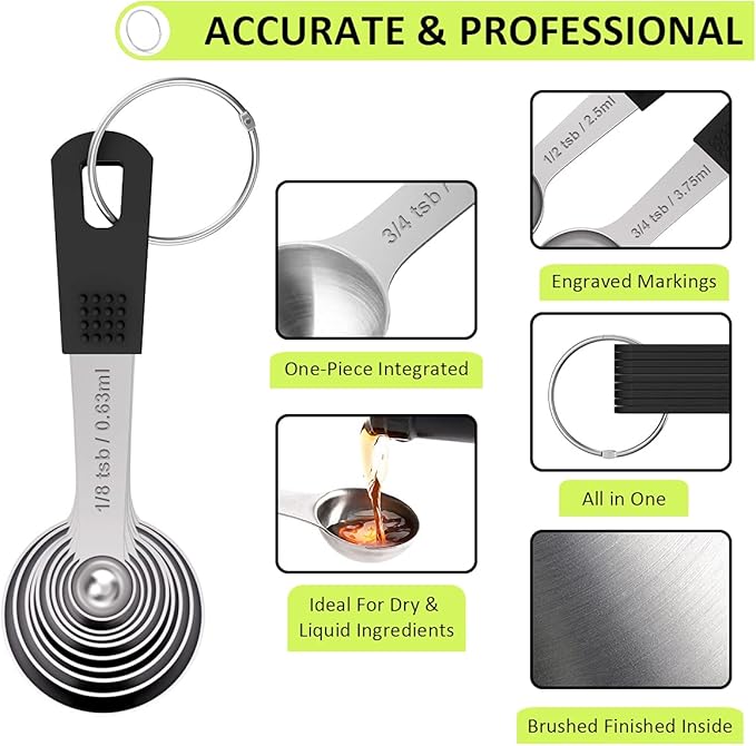 Measuring Cups & Spoons Set of 18 - Wildone Stainless Steel Nesting Measuring Cups 8 Piece and 9 Measuring Spoons, 1 Leveler, Ideal for Dry and Liquid Ingredients (Black)