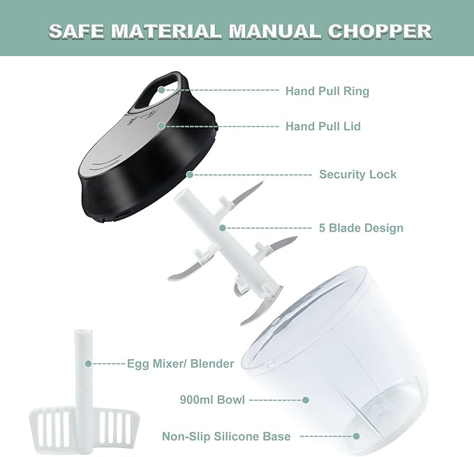 Manual Vegetable Chopper Hand String Garlic Mincer Hand Chopper for Kitchen 900ml With Egg Whisk Onion Cutter for Ginger, Chili, Fruit, Meat, Nuts