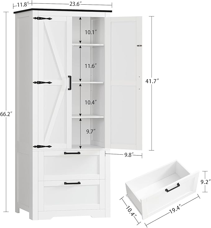 TEENFON 66.2" H Storage Cabinet with 2 Drawers, Farmhouse Kitchen Pantry Cabinet with 2 Doors & Adjustable Shelf, Bathroom Cabinet, for Living Room, Kitchen, Bathroom, White