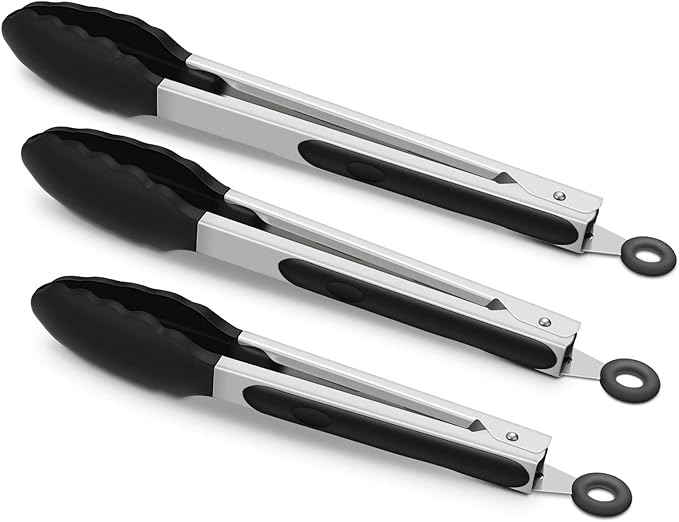 3 Pack Black Kitchen Tongs, Premium Silicone BPA Free Non-Stick Stainless Steel BBQ Cooking Grilling Locking Food Tongs, 9-Inch 10-Inch & 12-Inch
