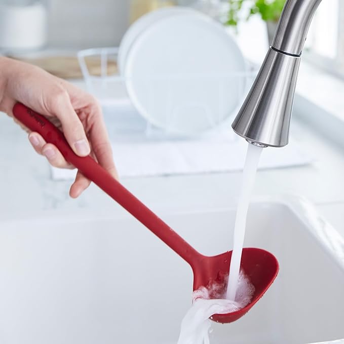 GreenPan Silicone Ladle, Soup Mixing Stirring Serving, Cooking Kitchen Utensil, Flexible Rubber Nonstick Cookware, Rigid Steel Core, Heat-Resistant, Anti-Slip Handle, BPA-Free, Dishwasher Safe, Red