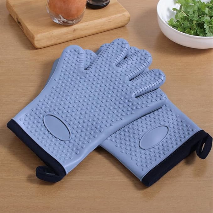 Extra Long Heat Resistant Silicone Oven Mitts Set, Non-Slip Cooking Gloves with Quilted Cotton Liner, Flexible Waterproof Pot Holders for Baking, BBQ, Grilling – 2-Pack (Grey)