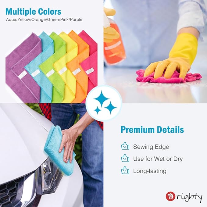 Orighty Microfiber Cleaning Cloth 6 Pack, Microfiber Towels for Cars, Highly Absorbent Car Cleaning Supplies, Lint Free Cloths Clean Rags for Car Care, House, Kitchen, 12x12 inch,Multicolor
