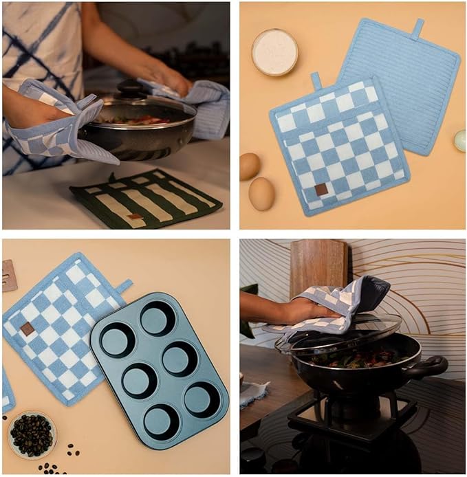 Folkulture Pot Holders for Kitchen | Pack of 2 (8x8) Ribbed Soft Silicone Hot Pads for Kitchen | 100% Cotton Cute Oven Pot Holders Set | Heat Resistant | Machine Washable | Non Slip | Checkmate