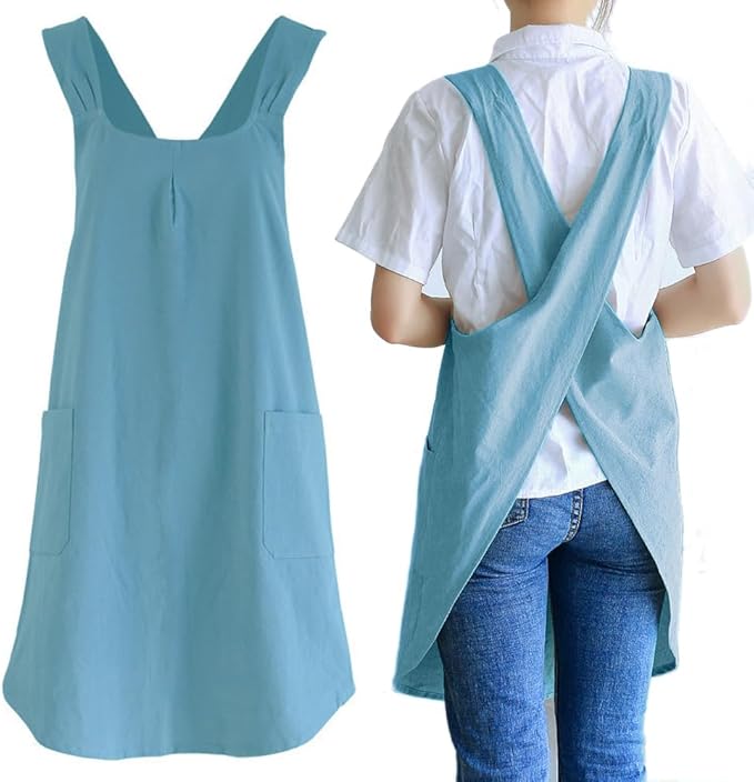 NEWGEM Japanese Cotton Linen Cross Back Cooking Apron for Women Men with Pockets Cute for Baking Kitchen
