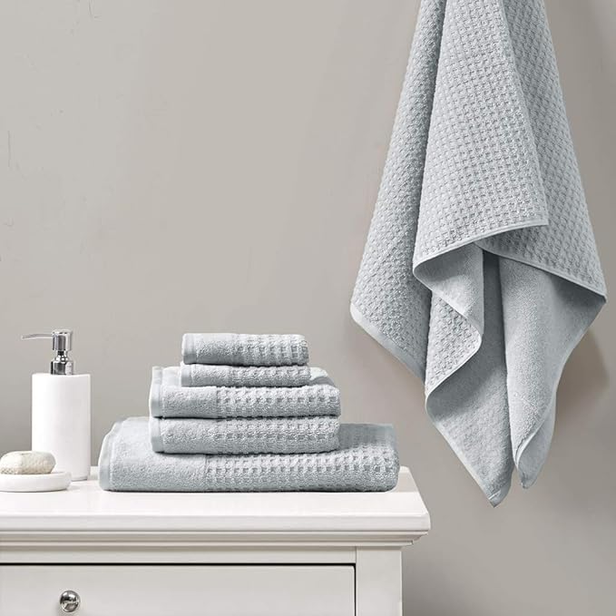 Madison Park Spa Waffle 100% Cotton Luxurious Towel Set, Premium Texture Waffle Weave, Highly Absorbent, Quick Dry, Hotel & Spa Quality Wash Clothes for Bathroom, Assorted Sizes, Blue 6 Piece