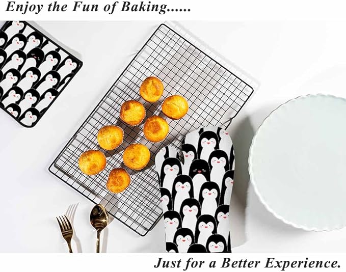 Cute Penguins Oven Mitts and Pot Holders Sets Antarctic Animal Funny Oven Mitt Heat Resistant 3pcs for Cooking Baking BBQ