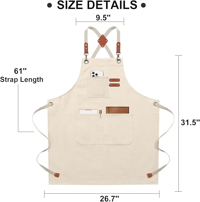 ZOMAO Chef Apron for Women Men with Large Pockets, Cotton Canvas Cross Back Waterproof Work Aprons for Kitchen Cooking Bib