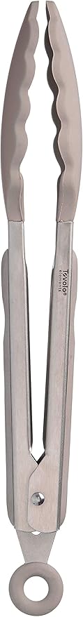 Tovolo Kitchen Tongs with Silicone Tips 9 Inch for Cooking Mixing and Serving, Easy Clean Dishwasher Safe Silicone Tipped Tongs with Locking Stainless Steel Heat Resistant, Warm Gray