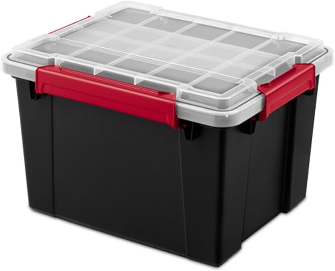 Sterilite 12 Pack Gasket Box, Stackable Plastic 8.5 Gallon Storage Container with Lids, Black - Waterproof and Dustproof Tote for Home Organization