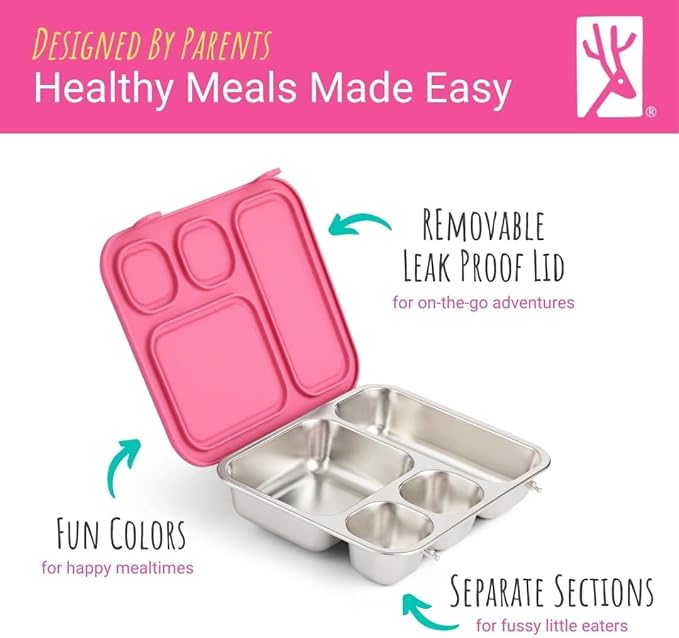 Elk and Friends Kids Stainless Steel Bento Box with Silicone Lid | Leak-proof | Toddler Lunch Container | 4 Compartments | Dishwasher Safe