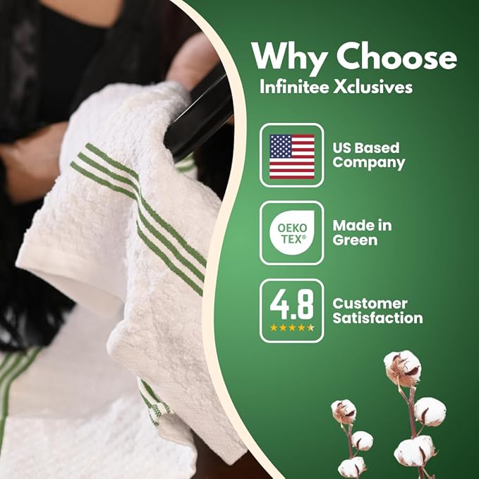 Infinitee Xclusives 100% Cotton Kitchen Towels - 15x25 Inch Ultra Soft Tea Towel, Super Absorbent Terry Dish Towels for Kitchen Linens |Green|