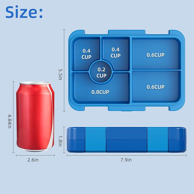 Bento Lunch Box for Kids, 6 Compartments BPA Free, Dishwasher Safe Back to School Snack Bento Lunch Containers Boxes, Ideal Portion Sizes for On-the-Go Meal, Ages 3+, School, Blue