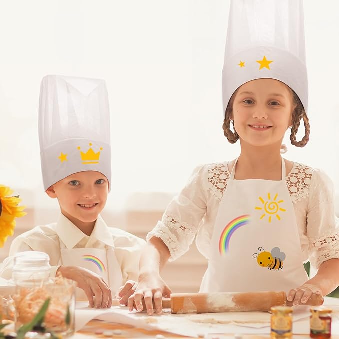 JaGely 60 Pcs Kids Chef Hat and Apron Set Chef Aprons and White Hats Non Woven Fabric Costume for Girls and Boys Cooking