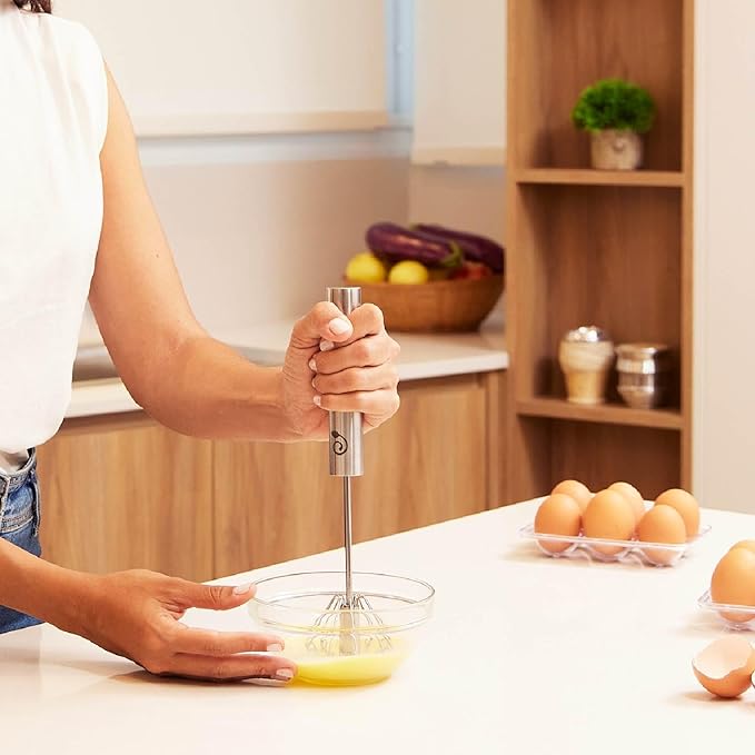 Stainless Steel Egg Beater - Easy to Use Semi-automatic Push-Down Zip Whisker - Rotary Hand Mixer for Beating Eggs, Frothing Milk, Blending, Mixing - Hand Whisk - 2 Pack (12 &14 Inch)