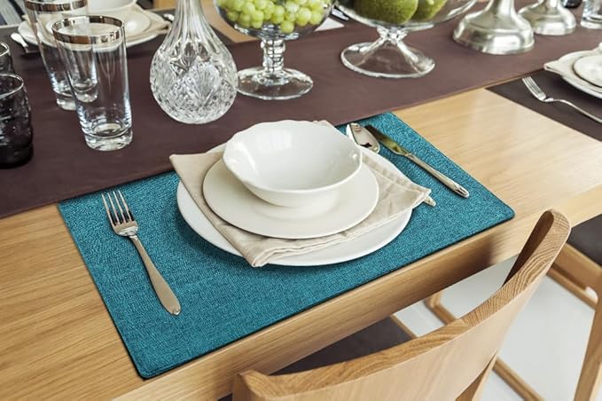 homing Cotton Linen Placemats Set of 6, Cloth Washable Farmhouse Dining Table Mats for Indoors & Outdoors, Easy to Clean, Teal, 13 x 19 Inch