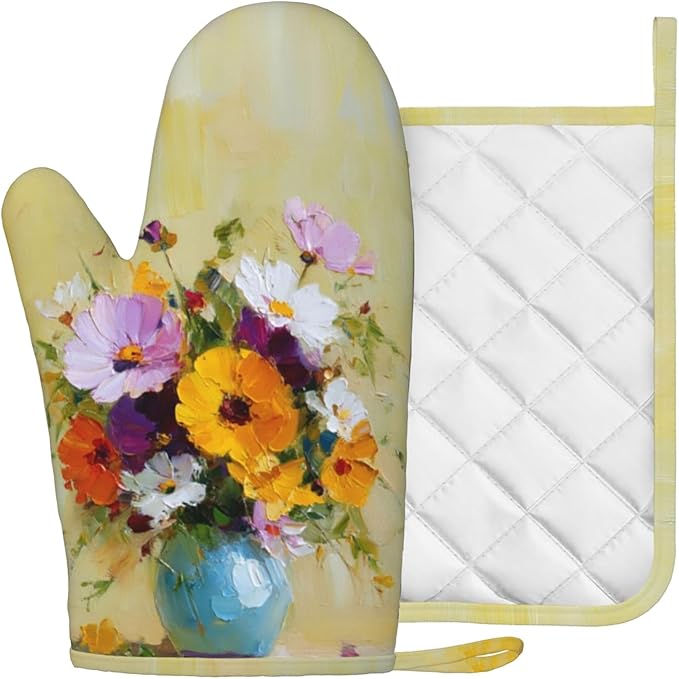 Vintage Flower Heat-Resistant Oven Mitts and Pot Holder Kitchen Non-Slip Silicone Cooking Microwave Gloves for Cooking Baking Grilling