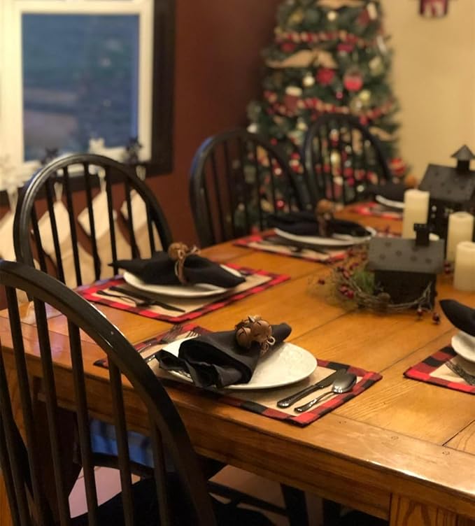 DUOBAO Checkered Placemats Set of 4, 12x18 Inch Red Black Buffalo Plaid Table Mats, Farmhouse Kitchen Dining Decor for Holidays, Weddings, Christmas, Thanksgiving, Parties