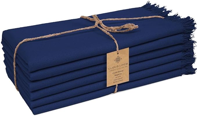 Cloth Dinner Napkins Fringes 100% Cotton Set of 6 - Perfect for Dining Special Occasions Wedding Holidays Christmas - Soft Durable Washable - Elegant 20x20 Inch Cloth Napkins Navy Blue