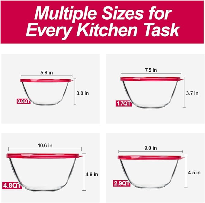 KOMUEE 4 Pack Glass Mixing Bowls Set with Lids (4.8QT, 2.9QT, 1.7QT, 0.8QT), Glass Nesting Bowls for Kitchen Baking, Cooking and Serving, Oven, Dishwasher, Freezer, and Microwave Safe