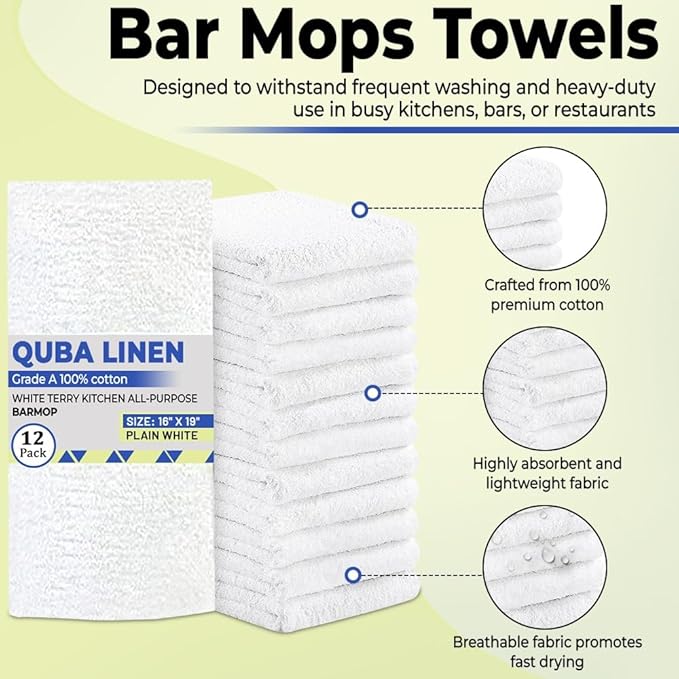 QUBA Linen - Bar Mops Towels, 12 Pack Premium Quality 100% Cotton, Size 16x19 Highly Absorbent and Multi-Purpose Cleaning Rags - Terry Towels for Home and Kitchen Machine Washable bar mops (12)