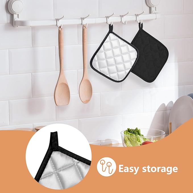 GeeRic 4 Pack Potholders for Kitchen, Heat-Resistant Quilted Cotton Hot Pads, Durable and Machine Washable with Hanging Loop Mat for Cooking, Baking, and Grilling Black