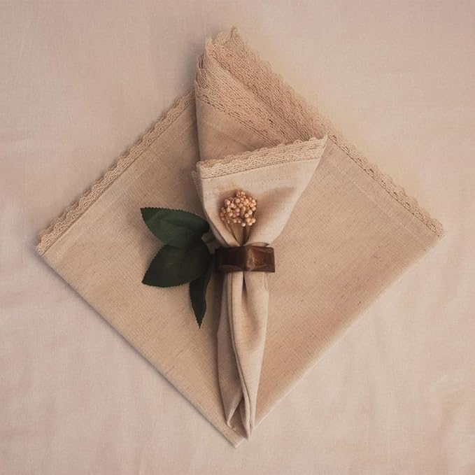 FINGERCRAFT Dinner Cloth Napkin Cotton Linen 12 Pack Vintage Rustic Premium Quality Mitered Corners Napkin Cloth with Elegant Lace for Everyday Use, Pre Shrunk and Good Absorbency 20x20 in Ivory