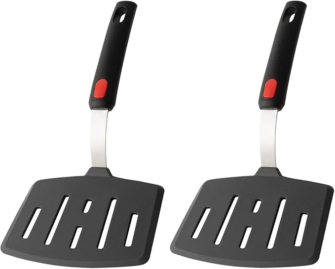 2 Pack Silicone Large Pancake Spatula Turner for Nonstick Cookware, Extra Wide Spatula for Cooking，Flexible Fish Turner, Slotted Spatulas for Eggs Omelette Flipping,Dishwasher Safe (2 Pack Black)