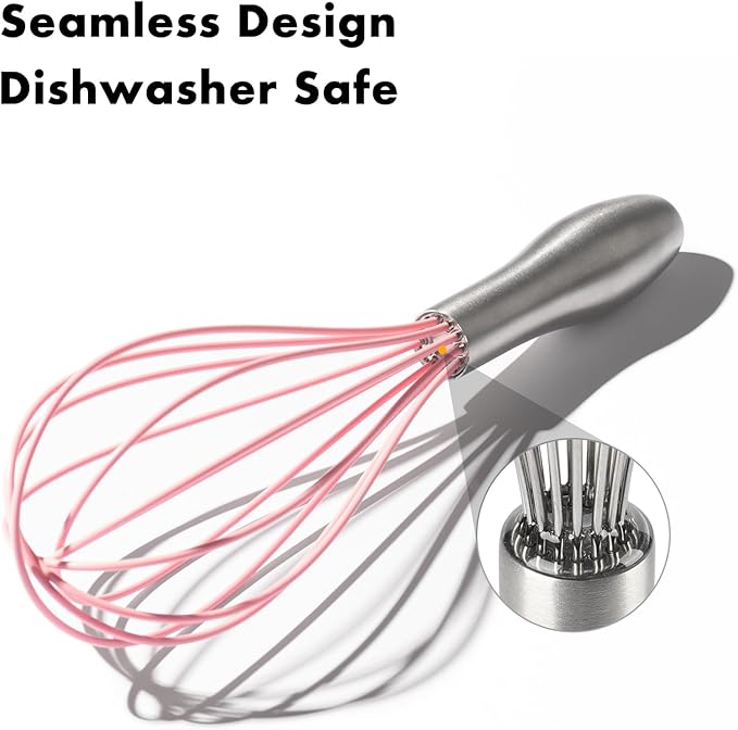 OYV 10-Inch Pink Silicone Whisk, Heat Resistant 480°F Kitchen Whisk with Stainless Steel Ergonomic Handle, Non-Scratch for Nonstick Cookware, Dishwasher Safe, Perfect for Blending, Cooking & Beating
