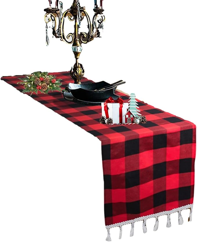 DUOBAO Checkered Table Runner 14x108-Inch Red and Black Buffalo Plaid Tablecloth Runners with Tassels Farmhouse Gingham Fabric for Dinner Parties Christmas Events (Red and Black)