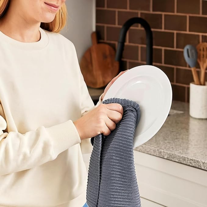 Serafina Home Slate Blue Gray Grey Kitchen Hand Dish Towels: Oversized 28" x 18", 100% Cotton Cloth Soft Cleaning Drying Absorbent Ribbed Design, Set of 3 Multipurpose for Everyday Use