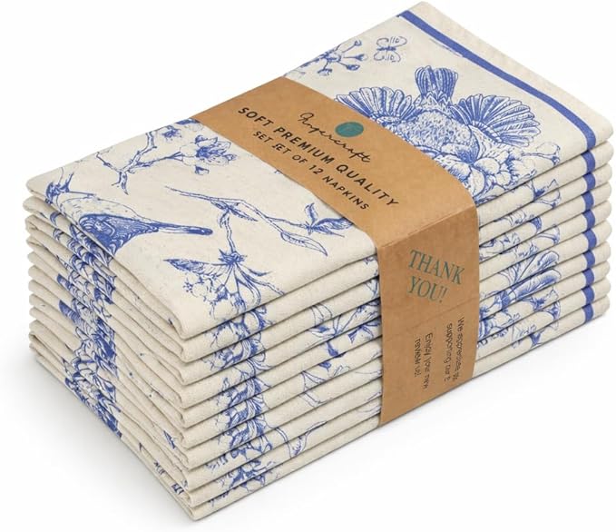 FINGERCRAFT Cloth Napkins, Set of 12 Cotton Linen Blend Printed Dinner Napkins Cloth Mitered Corner Perfect for Parties Dinners Weddings Cocktail Christmas Easter 20x20 Toile