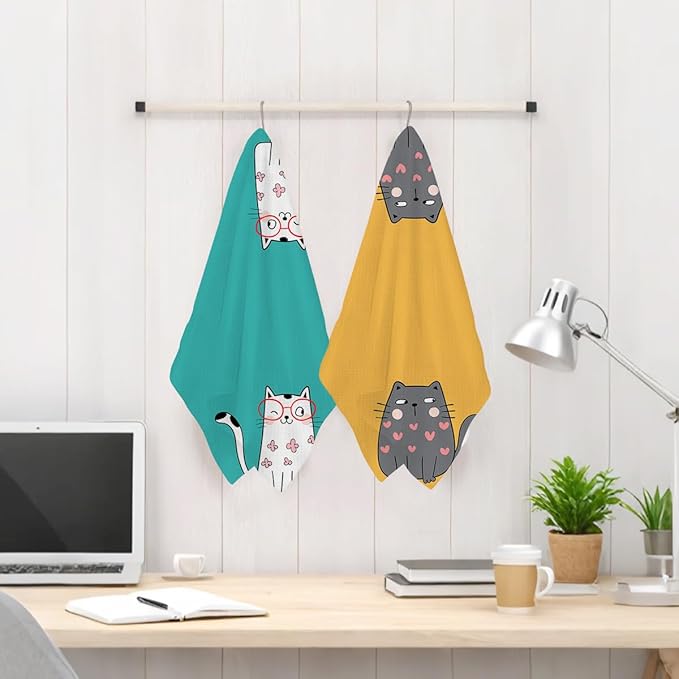 Jztco 2 Pcs Cute Cat Kitchen Towels, Cats Gifts Reusable Hand Tea Towel, Microfiber Dish Cloths for Drying Dishes, Waffle Dish Towels for Kitchen Home Decor, Cat Lover Gifts for Women Mom