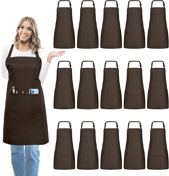 15 Pcs Adult Aprons Bulk with Pockets Adjustable Bib Chef Apron for Women Men Painting Cooking Crafting (S/L)